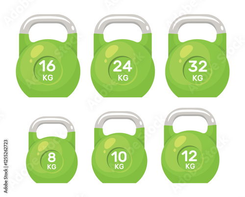 Set kettlebells with different weights. Fitness, workout or bodybuilding equipment. Gum symbol. Green dumbbell graphic icons. Sport training tools. Cartoon flat style isolated vector set