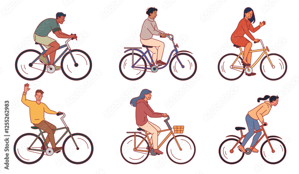 Obraz premium People ride bicycles. Happy men and women travel on two wheeled bikes, active lifestyle, eco transport, city cyclists characters, citizens, sport cartoon flat style isolated vector set