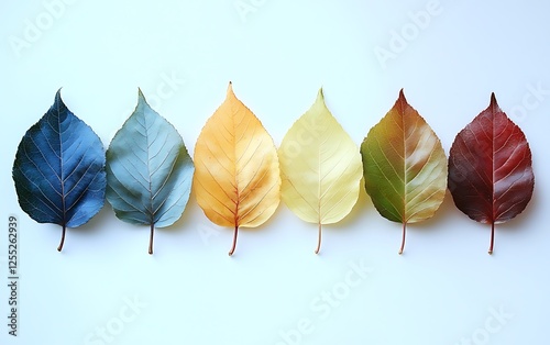 Colorful autumn leaves arranged in a gradient. Showing color change.  Possible use educational material or graphic design photo