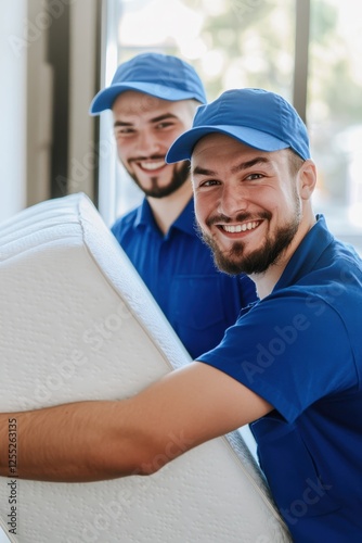 Movers transporting a mattress, smiling during delivery service at home, showcasing teamwork and professionalism in the furniture relocation industry.