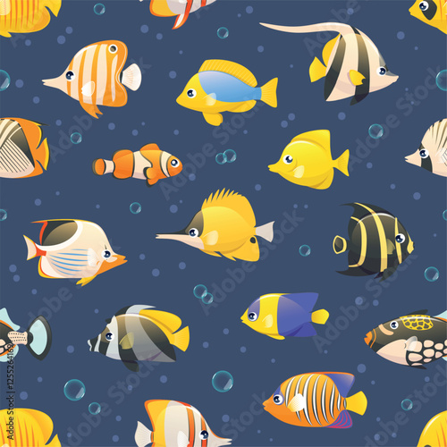 Exotic fish seamless pattern. Colorful tropical ocean inhabitants, marine patterned goldfish animals, repeated aquarium life. Decor textile, wrapping, wallpaper. Print for fabric vector background