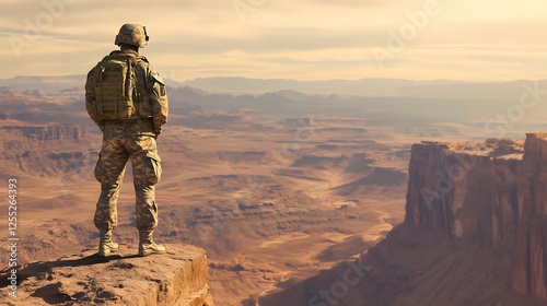 Soldier stands atop canyon edge surveying vast desert landscape