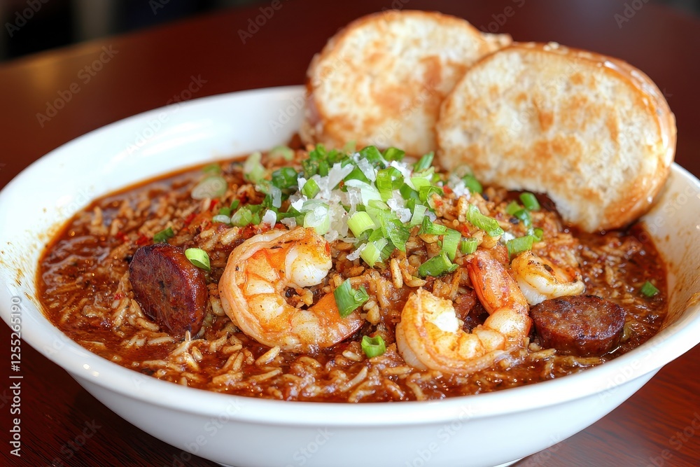 Delicious Shrimp and Sausage Dish with Rice and Toasted Bread Delicious Shrimp and Sausage Dish with Rice and Toasted Bread