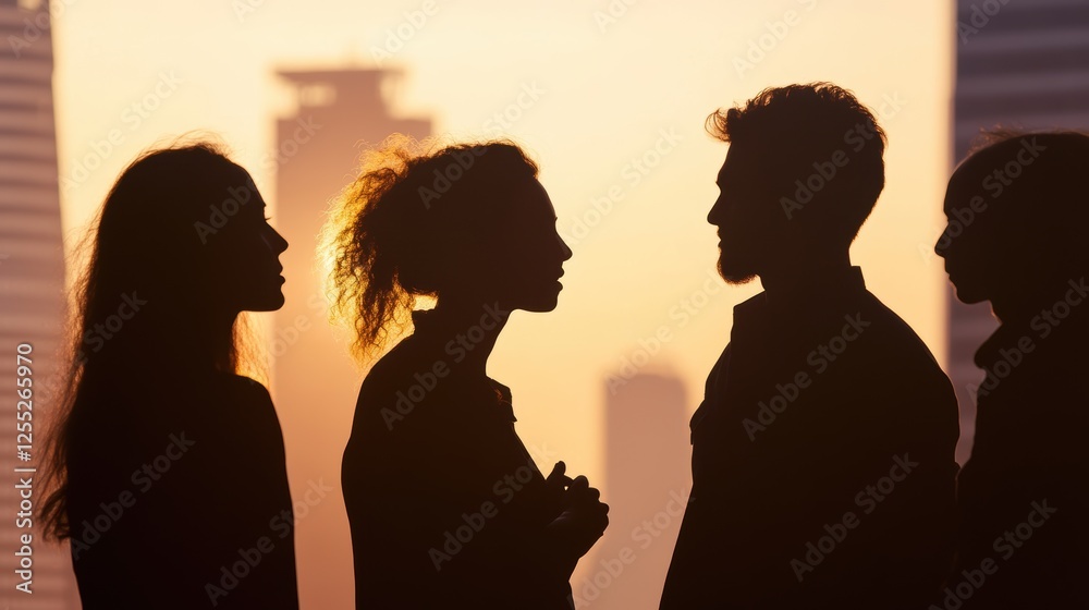 People engaging in deep conversation against a sunset backdrop, showcasing collaboration, communication, and connection in a business setting. Team dynamics and relationships emphasized. People engaging in deep conversation against a sunset backdrop, showcasing collaboration, communication, and connection in a business setting. Team dynamics and relationships emphasized.