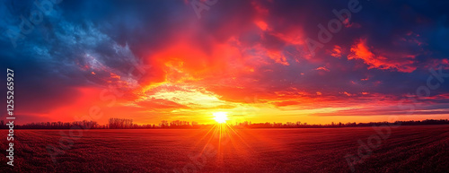 Fiery sunset over field; dramatic sky
