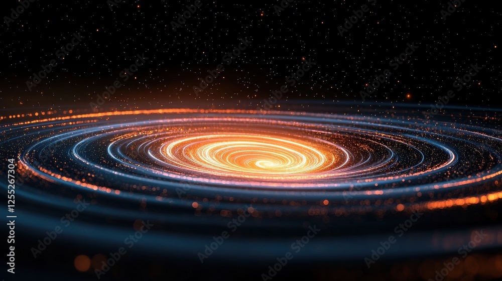 Obraz premium Abstract digital representation of a spiral galaxy, featuring swirling patterns of orange and gold light emitting particles against a dark space background dotted with stars.