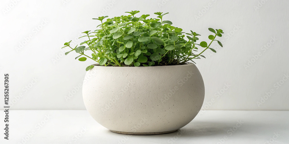 Fototapeta premium Compact green plant in a smooth white ceramic pot, placed against a clean white background, perfect for minimalist interior decor