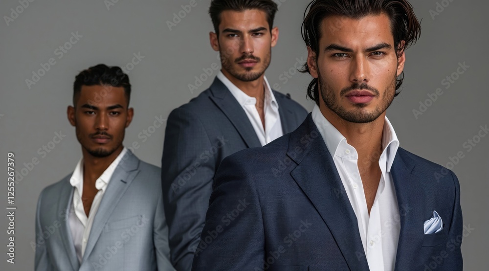 Three confident men in well-tailored suits, posing in a studio setting. Their stylish and sophisticated look exudes professionalism and elegance, perfect for fashion and business contexts Three confident men in well-tailored suits, posing in a studio setting. Their stylish and sophisticated look exudes professionalism and elegance, perfect for fashion and business contexts