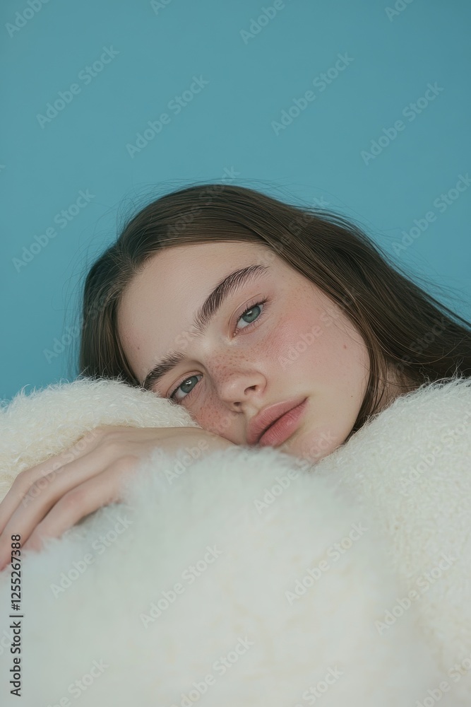 Portrait of a young woman resting on a fluffy blanket against a blue background, showcasing serenity and contemporary fashion in lifestyle photography.