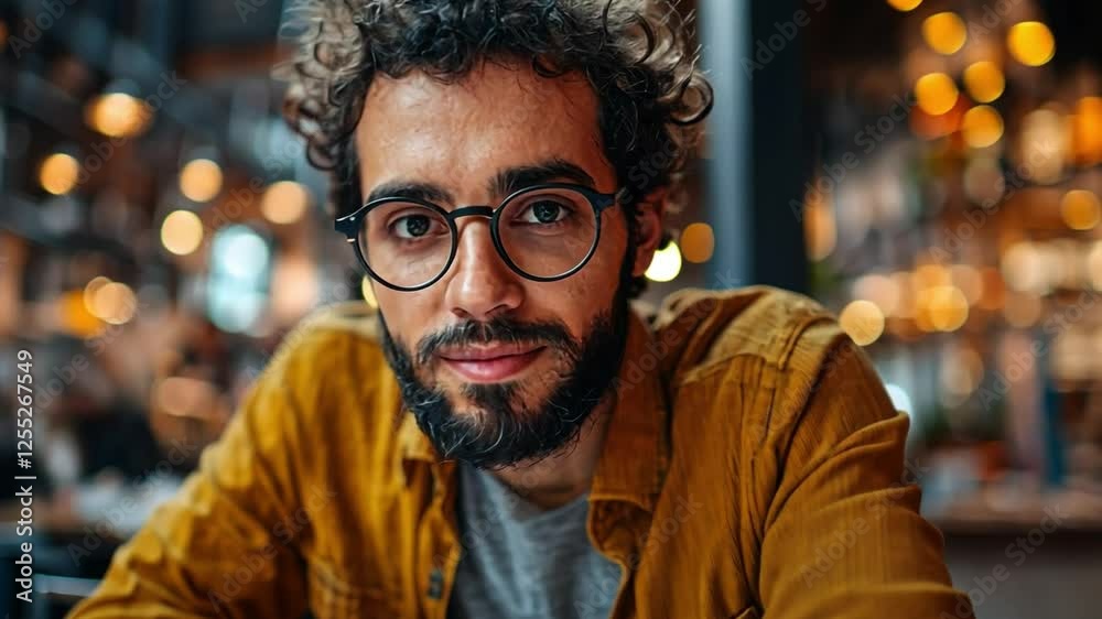 Thoughtful Look: A man with curly hair wearing glasses and looking directly at the camera, he is at an atmospheric, blurred background, which creates a captivating ambiance. Thoughtful Look: A man with curly hair wearing glasses and looking directly at the camera, he is at an atmospheric, blurred background, which creates a captivating ambiance.