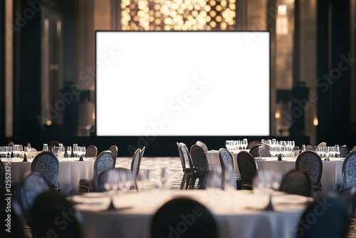 Elegant banquet hall with round tables, perfect for corporate events.