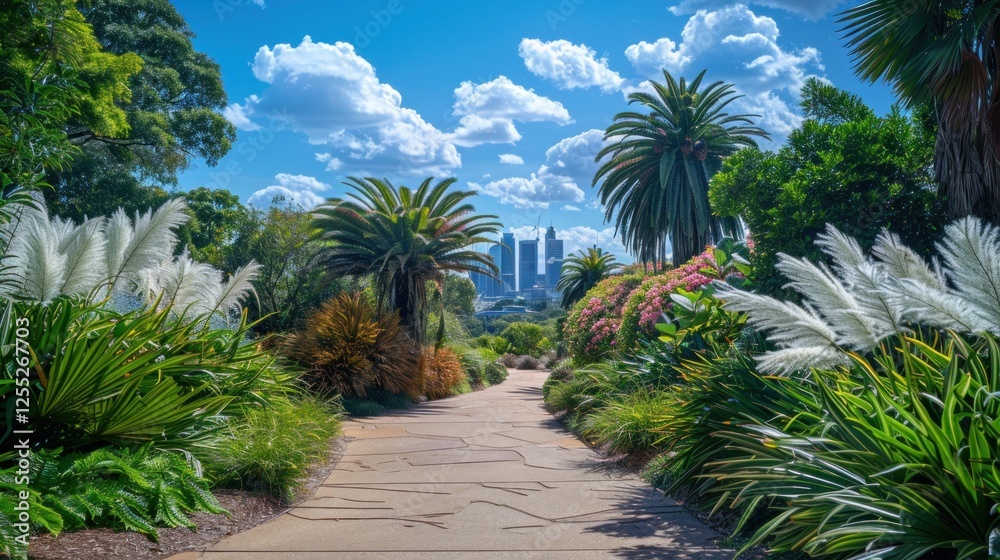 Fototapeta premium Serene Garden Path with City Skyline View