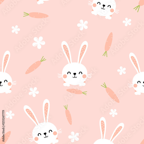 Seamless pattern with bunny rabbit in the hole, carrot and cute flower on pink background vector.