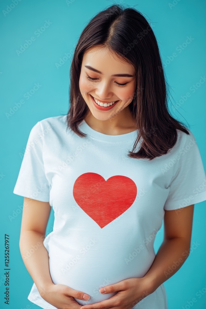 Pregnant woman smiling and touching her belly while wearing a heart-print t-shirt, celebrating motherhood and the joy of expecting a baby. Maternity, happiness, love. Pregnant woman smiling and touching her belly while wearing a heart-print t-shirt, celebrating motherhood and the joy of expecting a baby. Maternity, happiness, love.