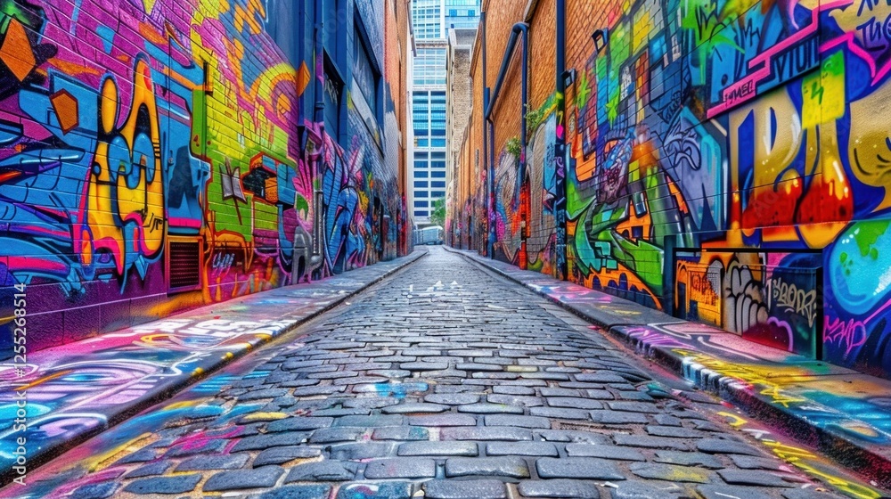 Fototapeta premium Vibrant Graffiti Alley: A Colorful Urban Landscape