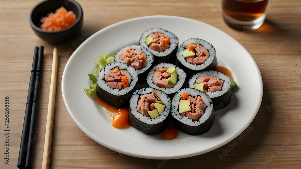 Artfully Crafted Sushi Rolls: A Delicious Fusion of Fresh Ingredients and Exquisite Presentation Artfully Crafted Sushi Rolls: A Delicious Fusion of Fresh Ingredients and Exquisite Presentation