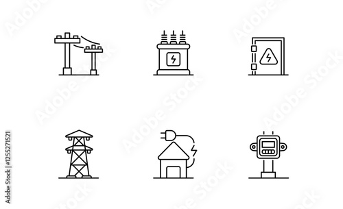 Set of Electricity icon, Electric poles and wires, Transformers, Meters Symbol Outline icon, Editable Stroke