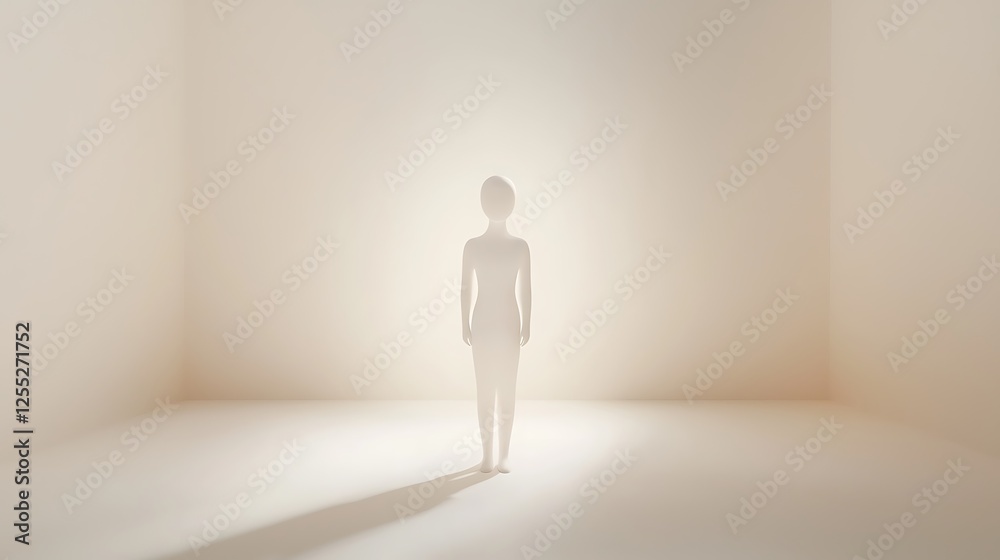 A blank glossy white mannequin standing in the center, illuminated by a warm ambient glow, solid creamy white background, artistic framing creating balance, serene and clean aesthetic A blank glossy white mannequin standing in the center, illuminated by a warm ambient glow, solid creamy white background, artistic framing creating balance, serene and clean aesthetic