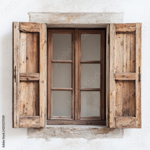 Rustic wooden window shutters, open, white wall background, historical building