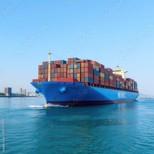 A majestic blue container ship slices through the waves, its deck stacked with vibrant red and brown containers arranged in meticulous rows photo