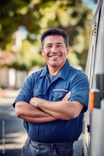 Skilled tradesman smiling confidently while standing beside service vehicle, depicting professionalism in the construction and maintenance industry under sunny skies. photo