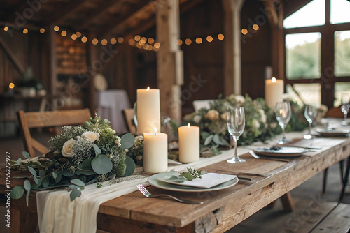 Wallpaper Mural wedding ceremony A beautifully arranged rustic dining table with candles and greenery, set in a cozy barn, perfect for an intimate gathering or celebration. Torontodigital.ca