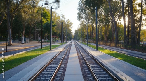 Endless Journey: Tranquil Railway Tracks in a Lush Green Landscape photo