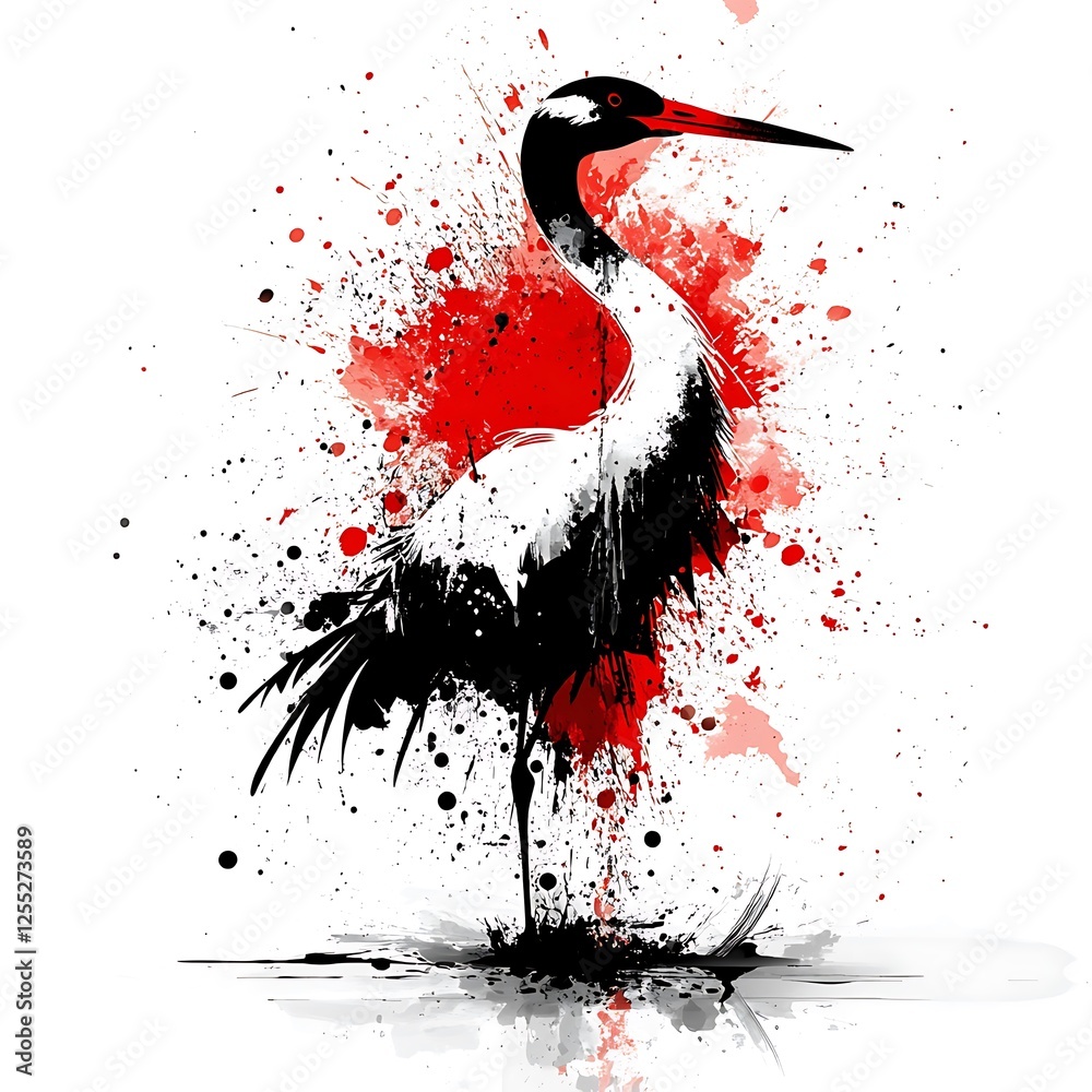 Naklejka premium Abstract Crane Silhouette with Red Splatter Art