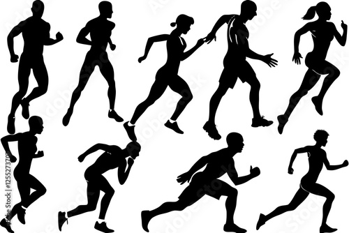 Run. Running men and women, vector set of isolated silhouettes. Athletes women nd man in a sporty uniform running a marathon on a white background