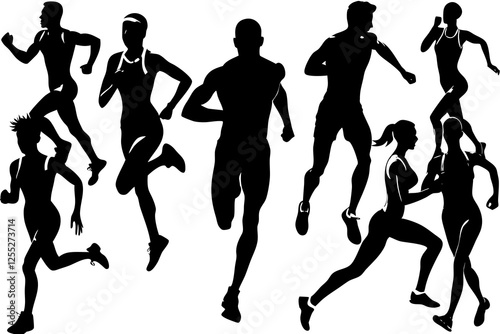 Run. Running men and women, vector set of isolated silhouettes. Athletes women nd man in a sporty uniform running a marathon on a white background