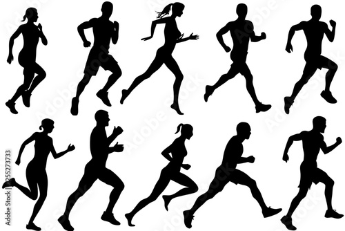 Run. Running men and women, vector set of isolated silhouettes. Athletes women nd man in a sporty uniform running a marathon on a white background