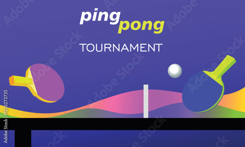 Illustration poster ping pong. Vector banner in neon colors table tennis. Rackets and ball