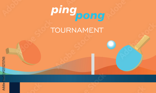 Table tennis tournament poster. Vector flat illustration of racket, ball, table and ping pong net. Concept
table tennis on orange background