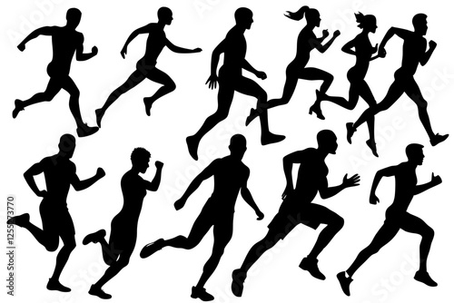Run. Running men and women, vector set of isolated silhouettes. Athletes women nd man in a sporty uniform running a marathon on a white background