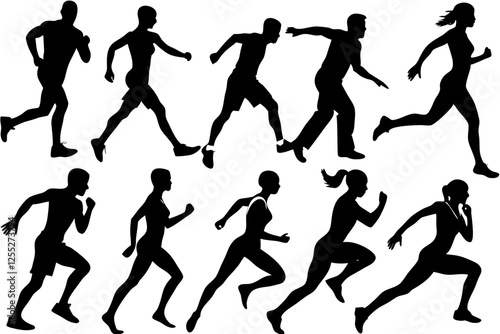 Run. Running men and women, vector set of isolated silhouettes. Athletes women nd man in a sporty uniform running a marathon on a white background