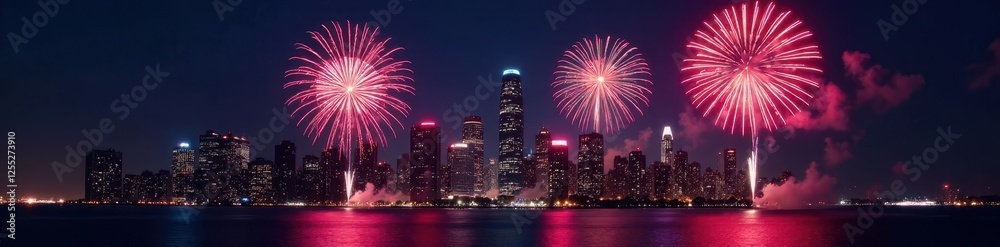Pyrotechnic display over city skyline at night, fireworks, celebration Pyrotechnic display over city skyline at night, fireworks, celebration