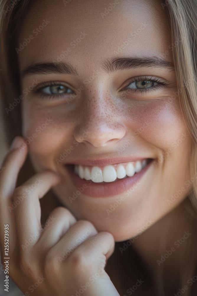 Smiling young woman with natural beauty and clear skin, showing confidence and joy, portrait on neutral background highlighting positive emotions and beauty trends. Smiling young woman with natural beauty and clear skin, showing confidence and joy, portrait on neutral background highlighting positive emotions and beauty trends.