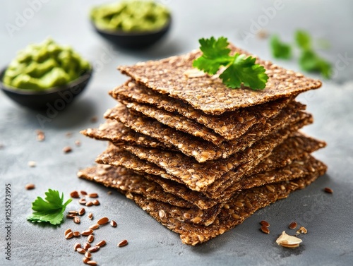 Stack of crispbread with guacamole and fresh parsley garnish on gray background