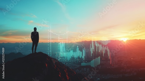 Fototapeta Naklejka Na Ścianę i Meble -  Stock market trends and financial analytics represented by a person overlooking a city skyline at sunset, highlighting investment opportunities and economic growth.