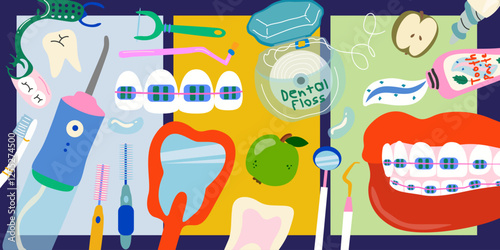 Bright dental retro poster. Orthodontic treatment of teeth. Healthy teeth vector bright banner. Different dental care accessories. Care of teeth with a brace system 