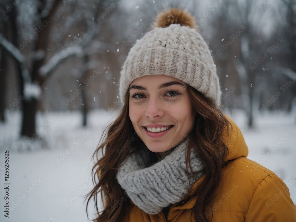 Cheerful Winter Portrait of Young Woman in a Hat and Scarf Smiling Outdoors in Fresh Snow Cheerful Winter Portrait of Young Woman in a Hat and Scarf Smiling Outdoors in Fresh Snow