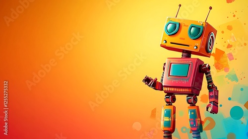 Cute cartoon robot, colorful background, technology, illustration, for kids, poster, playful photo