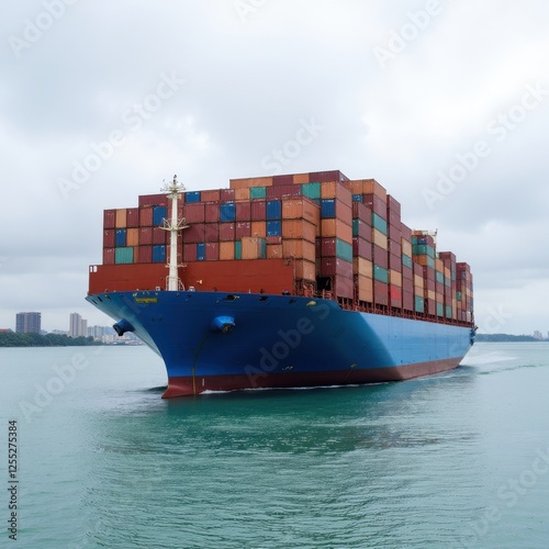 A majestic, blue and red container ship glides across the ocean. Its sleek rectangular form boasts a flat bottom and expansive deck, capturing the essence of modern maritime engineering photo