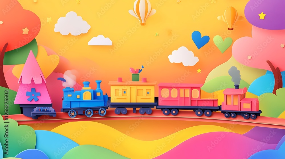 Naklejka premium Colorful train in a whimsical paper-cut landscape. Ideal for children's book illustrations or playful backgrounds