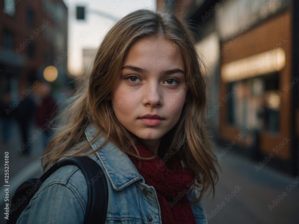 Fototapeta premium Confident Young Woman in Casual Denim Jacket Posing Outdoors in Urban Setting