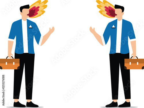 Conflict or hatred, anger, quarrel, debate, different ideas or opinions, two angry quarreling businessmen with flames shooting out of their mouths