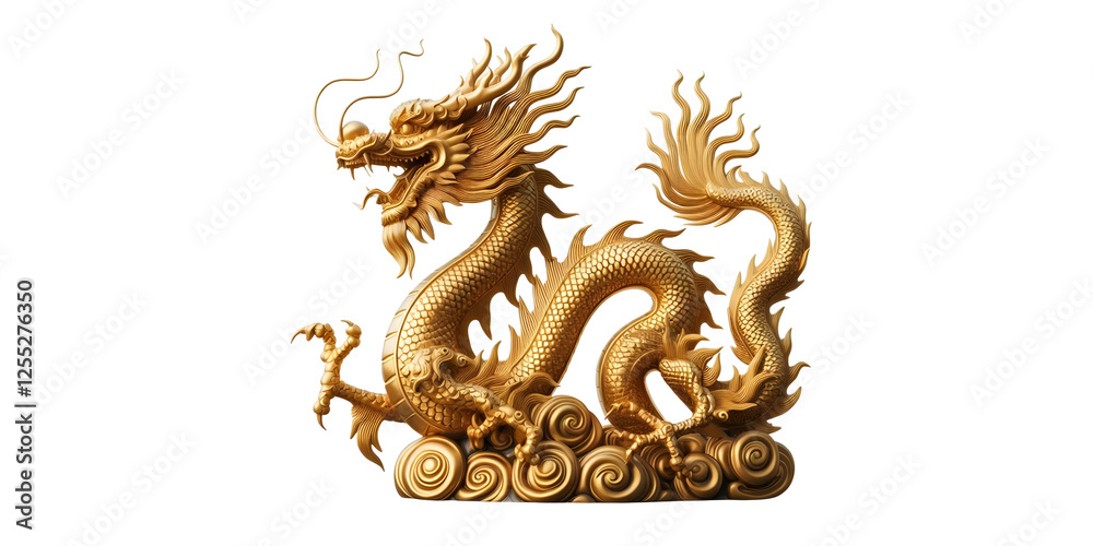 Naklejka premium Chinese golden dragon isolated on transparant background with clipping path.Golden traditional chinese dragon isolated. Feng Shui statuette.png