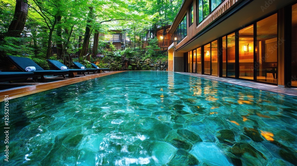 Obraz premium Luxurious poolside retreat in a lush Japanese garden