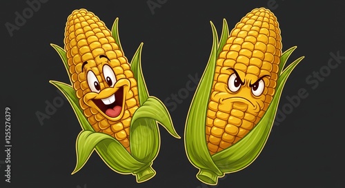 Two anthropomorphic corn cobs show contrasting emotions and expressions