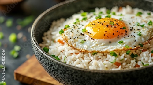 A delicate fried egg placed atop a freshly made bowl of fried rice photo